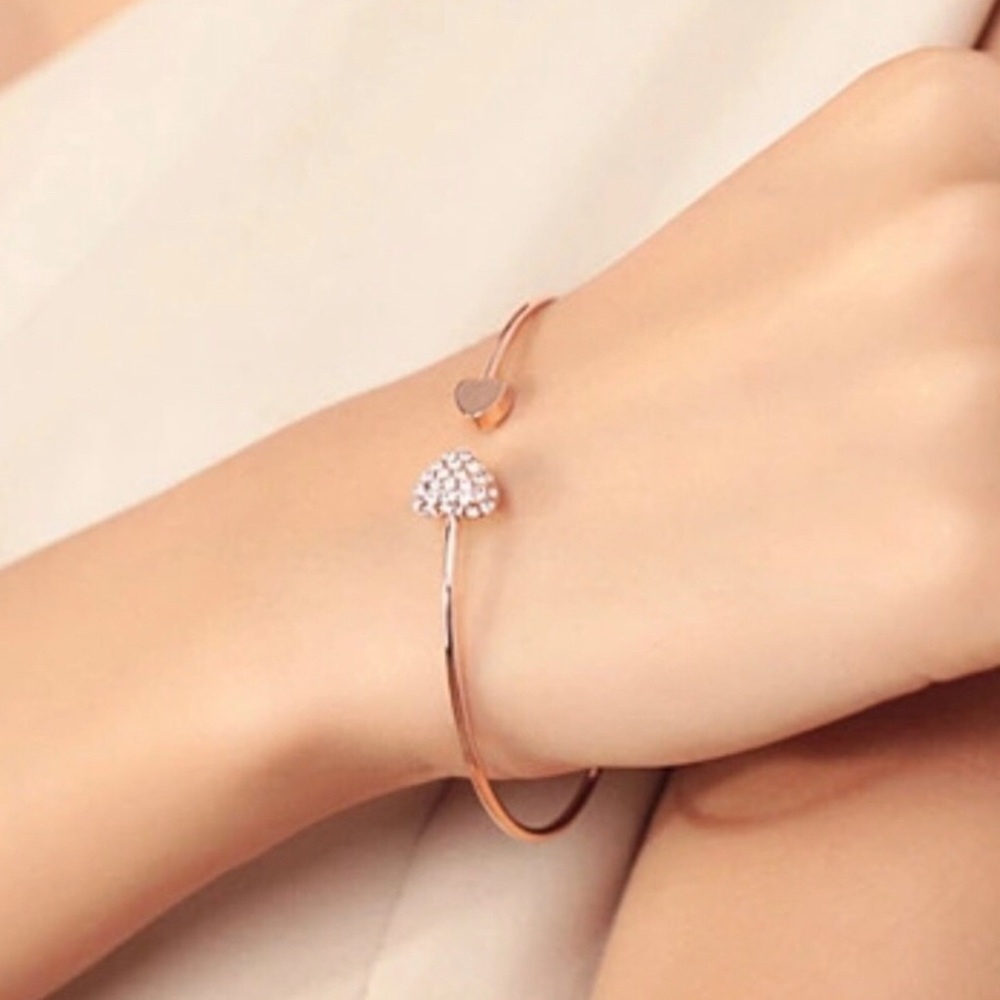 Heart & Crystal Open Bangle Bracelet